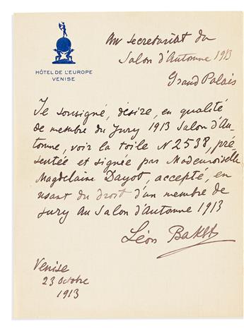 BAKST, LÉON. Two Autograph Letters Signed, to art critic Armand Dayot or the Secretariat of the Salon dAutomne 1913, in French, origin